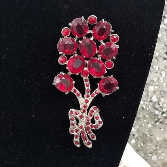 Large Art Deco Red Glass Flower Spray Pot Metal Brooch Rhinestone - Bouquet Bow - Picture 4 of 7
